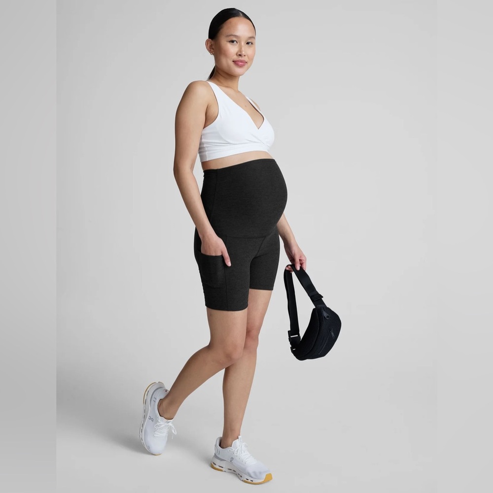 Beyond Yoga Maternity Black Spacedye Bike Shorts with Pockets